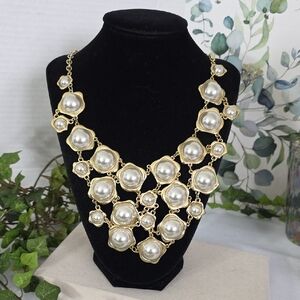Gold And Pearl Stayement Bib Necklace